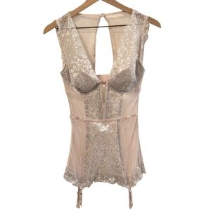 Victoria's Secret Pink Pearlescent Metallic Corset Lingerie Garter Nightie 36C